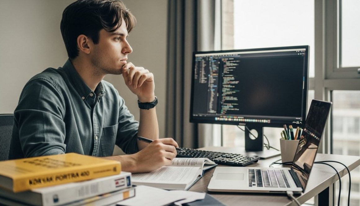 Junger Student arbeitet konzentriert als Freelancer am Schreibtisch neben seinen Uni-Unterlagen.