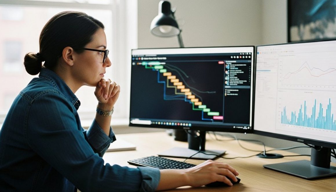 Marketing-Manager führt ein professionelles Inhouse SEO-Audit an seinem Schreibtisch durch.