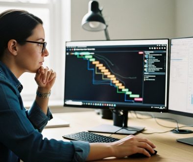 Marketing-Manager führt ein professionelles Inhouse SEO-Audit an seinem Schreibtisch durch.