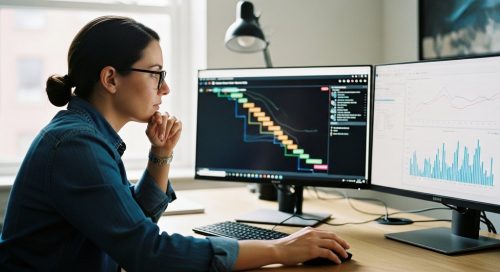 Marketing-Manager führt ein professionelles Inhouse SEO-Audit an seinem Schreibtisch durch.