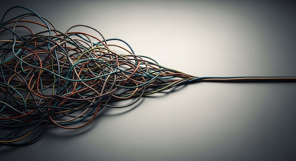 Metapher für finanzielle Ordnung: Verwickelte Kabel werden zu einem geordneten Strang als Symbol für ein Geschäftskonto.