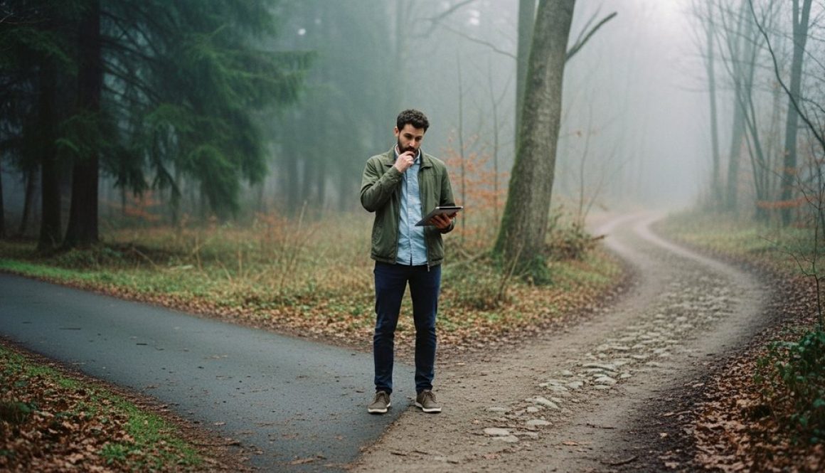 Nachdenklicher Freelancer an einer Weggabelung als Symbol für die Rentenversicherung.