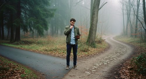 Nachdenklicher Freelancer an einer Weggabelung als Symbol für die Rentenversicherung.