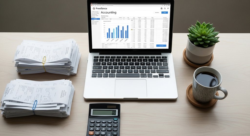 Ordnungsgemäße Buchhaltung für Freelancer mit digitalen Belegen und Software am Schreibtisch.