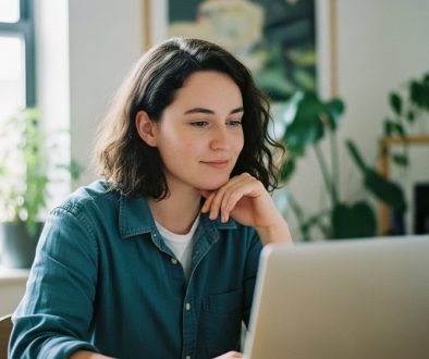 Selbstbewusster Freelancer erledigt seine Steuererklärung am Laptop in einem hellen, aufgeräumten Büro.