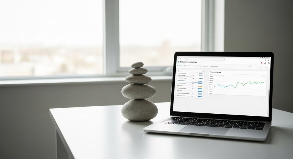 Symbol für finanzielle Gelassenheit: Ausgeglichene Steine neben Laptop auf Schreibtisch.