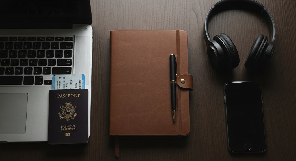 Typische Betriebsausgaben eines Freelancers: Laptop, Fachliteratur und Reiseunterlagen.