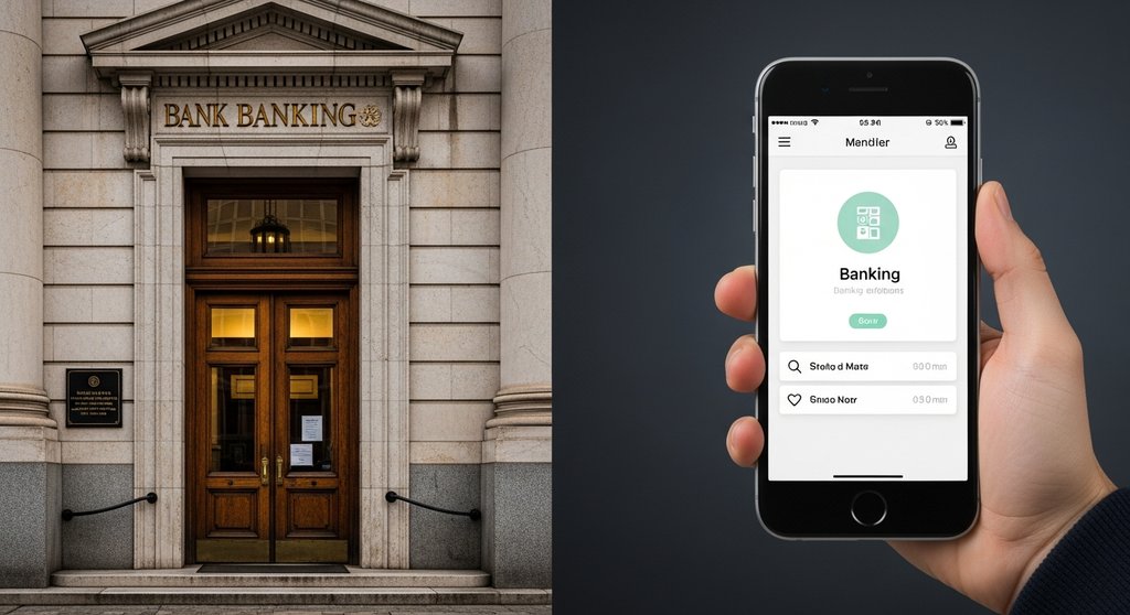 Vergleich von Banktypen: Klassische Filialbank gegenüber einer modernen Direktbank-App auf dem Smartphone.