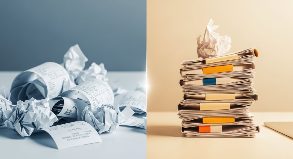 Visueller Vergleich zwischen ungeordneten und organisierten Belegen für die EÜR.