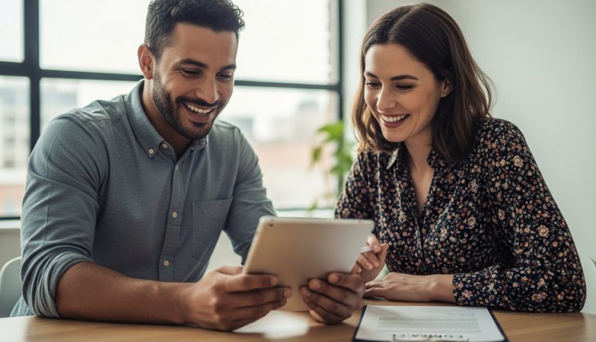 Zufriedener Freelancer und Auftraggeber besprechen ihr Projekt mit einem Tablet in einem modernen Büro.