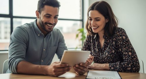 Zufriedener Freelancer und Auftraggeber besprechen ihr Projekt mit einem Tablet in einem modernen Büro.