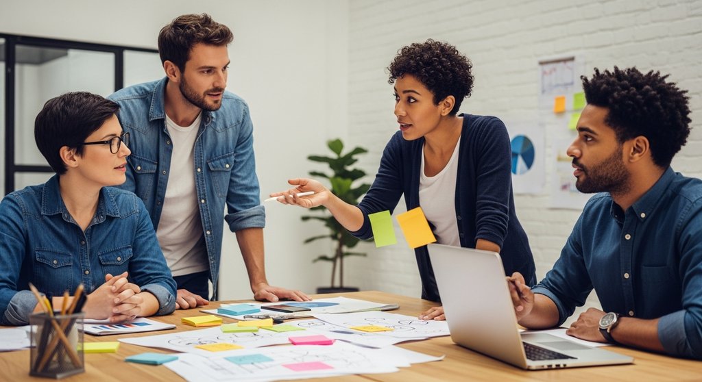 Ein Agentur-Team entwickelt in einem kreativen Meeting neue Marketing-Ideen.