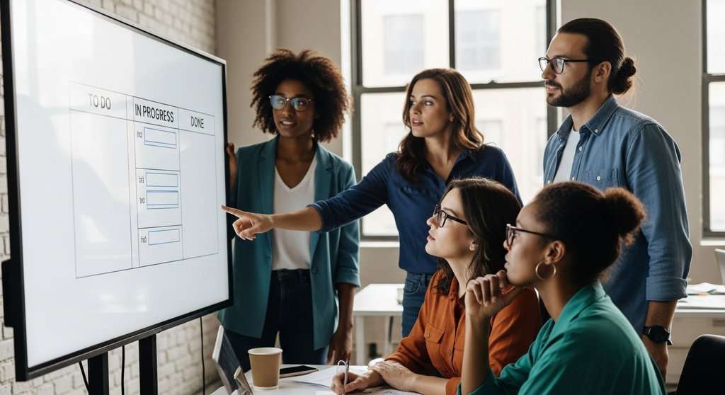 Ein agiles Marketing-Team arbeitet kollaborativ an einem digitalen Kanban-Board.