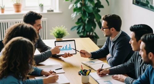 Ein diverses Marketing-Team arbeitet an einer Marketingstrategie in einem modernen Büro.