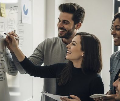 Ein engagiertes Team bei der Inhouse Content Produktion am Whiteboard.