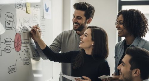 Ein engagiertes Team bei der Inhouse Content Produktion am Whiteboard.