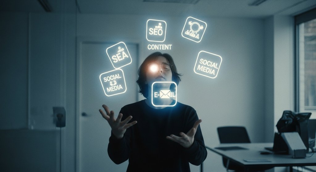 Ein Inhouse-Marketer jongliert überfordert mit Marketing-Symbolen, was den Mangel an Spezialwissen im Team verdeutlicht.