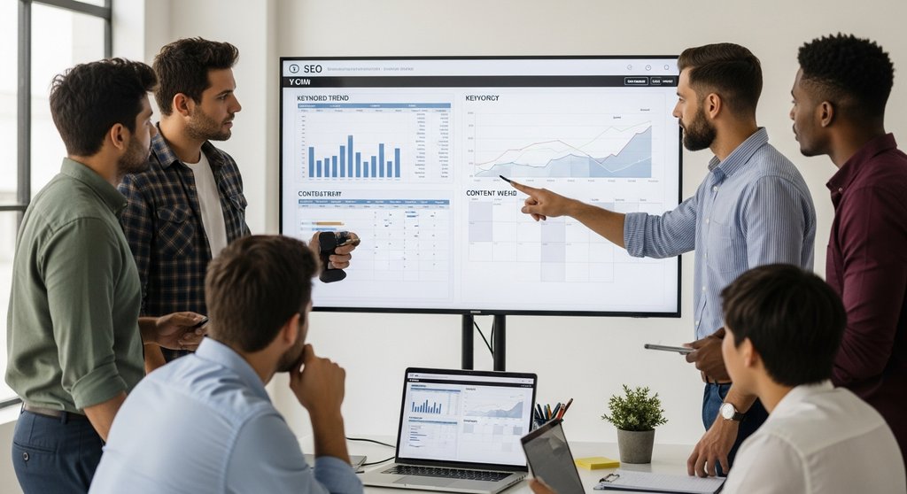 Ein Inhouse Marketing Team arbeitet mit SEO-Tools an der Content-Strategie.