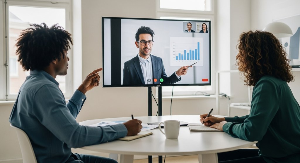 Ein Inhouse-Marketing-Team arbeitet per Videokonferenz strategisch mit einer externen Agentur zusammen.