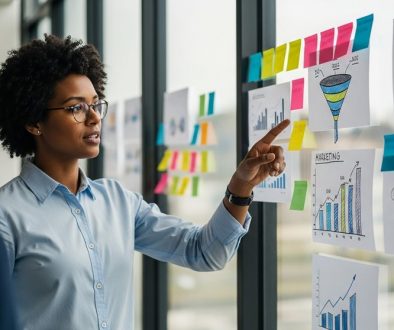 Ein Marketing-Manager analysiert Kennzahlen und Charts an einer Glaswand im Rahmen des Marketing Controllings.