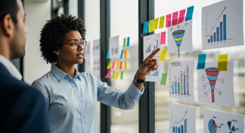 Ein Marketing-Manager analysiert Kennzahlen und Charts an einer Glaswand im Rahmen des Marketing Controllings.