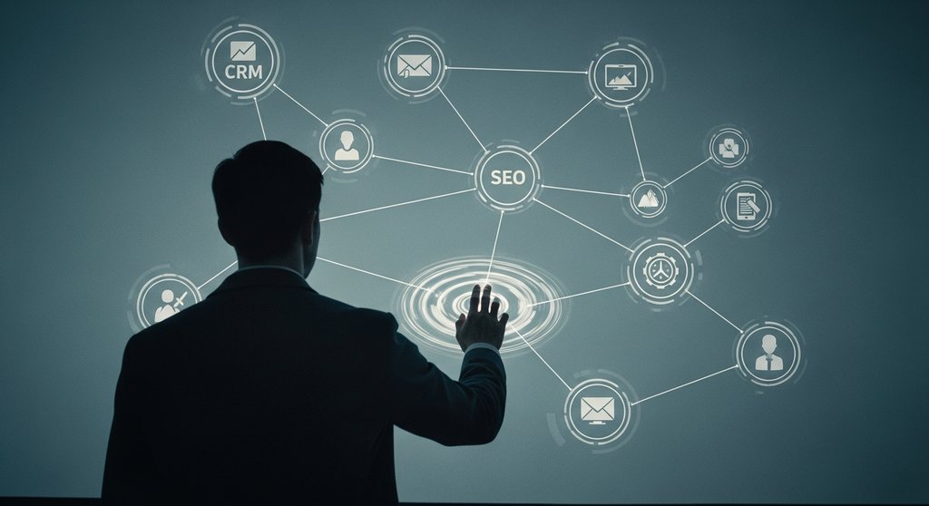 Ein Marketing Manager interagiert mit einer Visualisierung des Marketing-Technologie-Stacks.