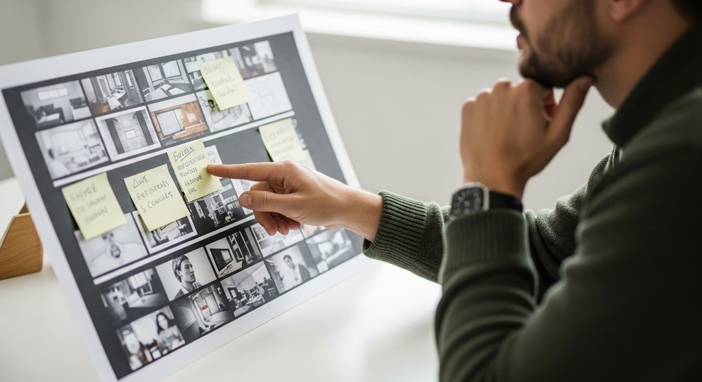 Ein Marketing Manager prüft ein Storyboard im Rahmen der Content-Strategie.