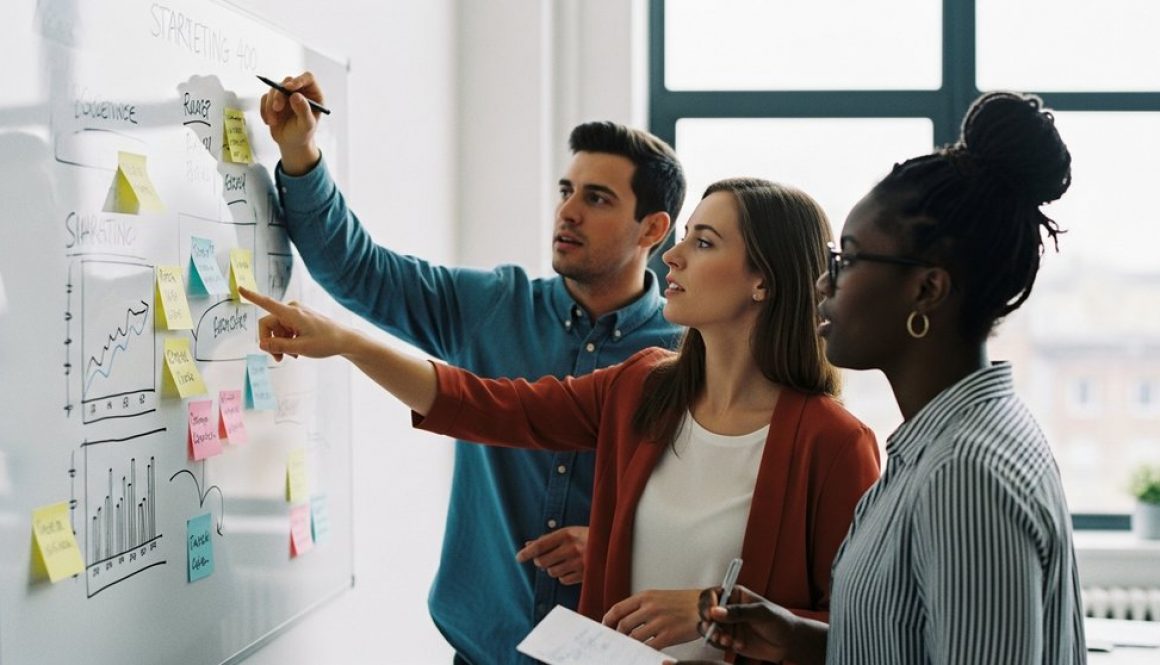 Ein Marketing-Team diskutiert strategische Pläne am Whiteboard in einem modernen Büro.