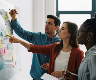 Ein Marketing-Team diskutiert strategische Pläne am Whiteboard in einem modernen Büro.