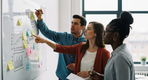 Ein Marketing-Team diskutiert strategische Pläne am Whiteboard in einem modernen Büro.