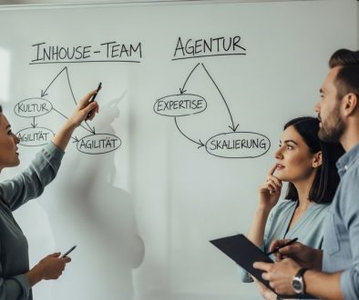 Ein Marketing-Team diskutiert strategische Vorteile von Inhouse-Marketing vor einem Whiteboard.
