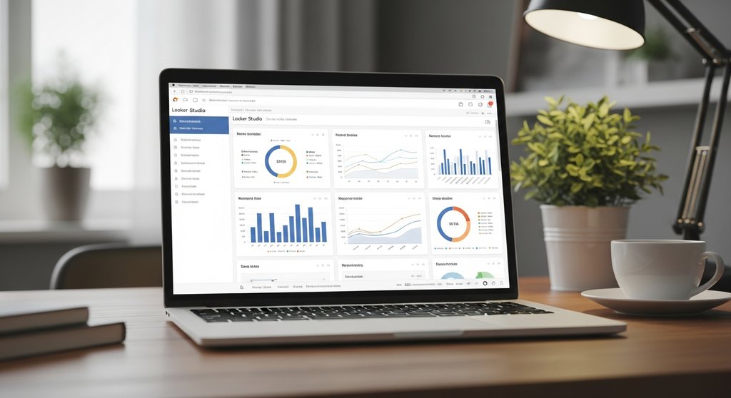 Ein moderner Laptop-Bildschirm zeigt ein übersichtliches Looker Studio-Dashboard mit Diagrammen und KPIs in einem stilvollen Home-Office. A high-resolution photo of a sleek, modern laptop screen displaying a clean and minimalist Looker Studio (Google Data Studio) dashboard. The dashboard shows various charts, graphs, and KPIs in a visually appealing layout. The laptop is placed on a wooden desk in a stylish, slightly blurred home office setting with a small green plant and a cup of coffee nearby. The atmosphere is professional, organized, and efficient. Natural light from a side window illuminates the scene. Shot with a DSLR, 35mm lens, muted tones.