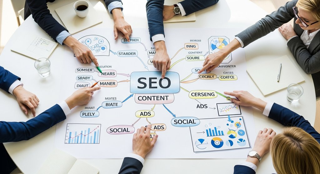 Ein Team von Spezialisten in einer Agentur arbeitet gemeinsam an einer komplexen Marketing-Strategie.