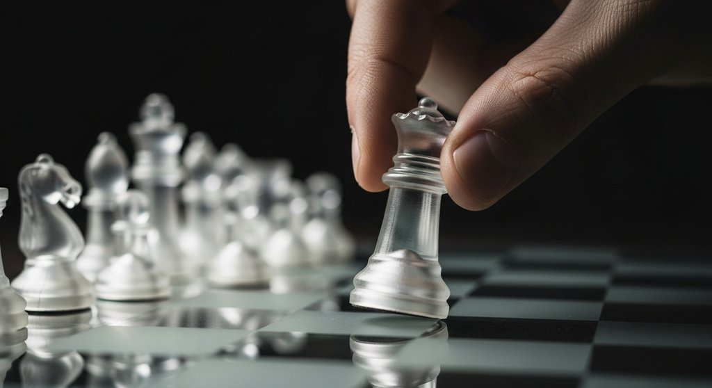 Eine Hand setzt eine Schachfigur auf ein Brett, als Symbol für eine strategische Marketing-Entscheidung.