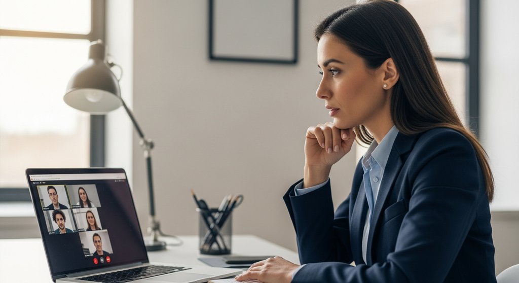Eine Managerin im Videocall mit einer externen Agentur, was den Kommunikationsaufwand symbolisiert. Medium shot, high-resolution photography. A professional woman sits at her clean desk, looking thoughtfully at her laptop screen during a video call. On the screen, multiple faces are visible in small windows, but they are slightly blurred and out of focus. The focus is sharp on the woman, capturing her concentrated and slightly concerned expression. The office background is minimalist. The image uses depth of field to convey a sense of distance and potential communication barriers. Shot in the style of Kodak Portra 400 with slight film grain, soft natural light from a side window.