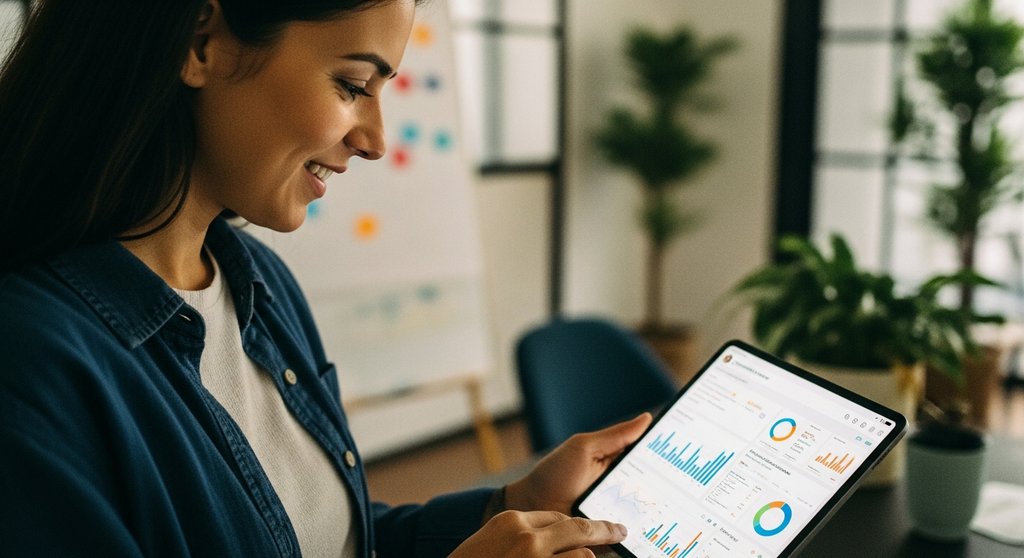 Eine Marketing-Managerin analysiert Social-Media-Daten auf einem Tablet.
