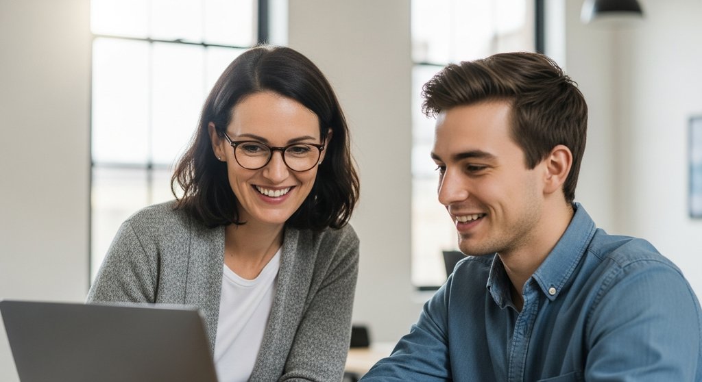 Eine Marketing Managerin führt und entwickelt ihr Team in einem modernen Büro.