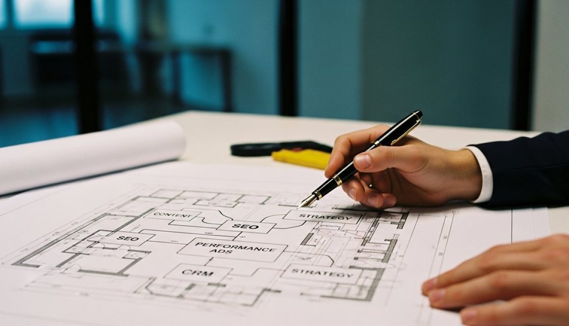Hände einer strategischen Person zeigen auf eine Blaupause für eine Inhouse-Marketing-Team-Struktur.