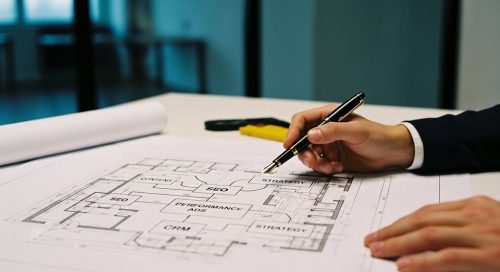 Hände einer strategischen Person zeigen auf eine Blaupause für eine Inhouse-Marketing-Team-Struktur.