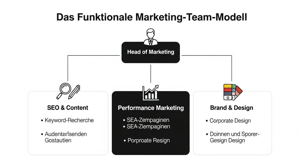 Infografik, die das funktionale Modell einer Marketing-Team-Struktur zeigt.