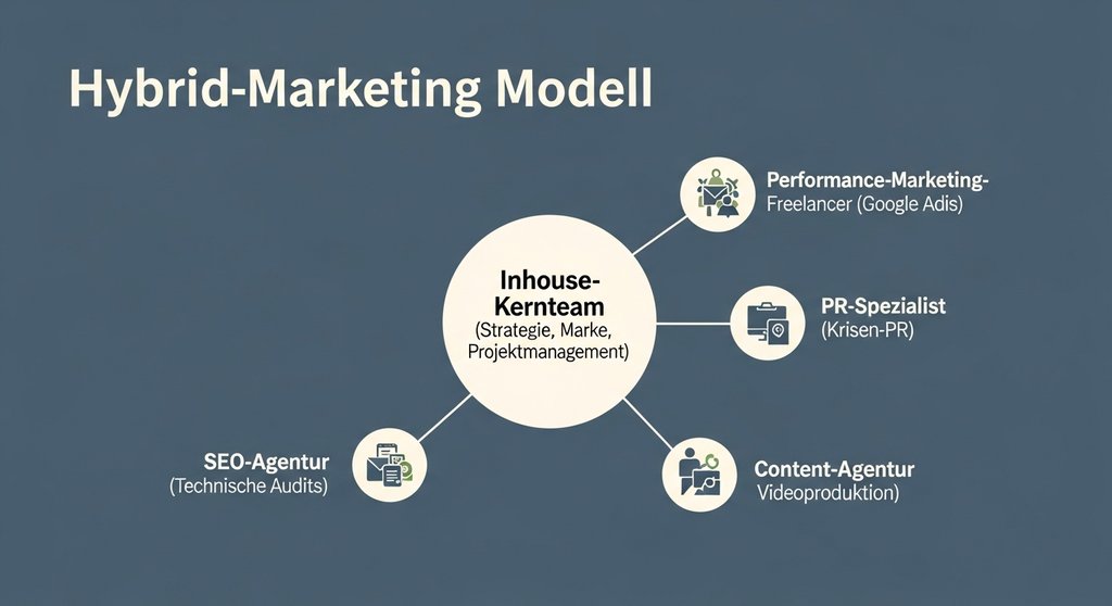 Infografik, die das hybride Marketing-Modell mit einem Inhouse-Kernteam und externen Spezialisten darstellt.