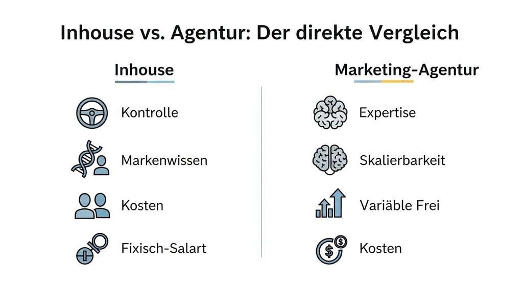 Infografik, die die Vor- und Nachteile von Inhouse-Marketing und einer externen Agentur vergleicht.