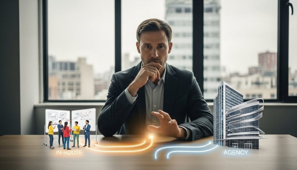 Marketing-Managerin trifft strategische Entscheidung zwischen Inhouse Social Media Team und Agentur.