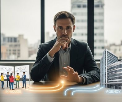 Marketing-Managerin trifft strategische Entscheidung zwischen Inhouse Social Media Team und Agentur.