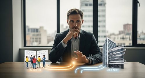 Marketing-Managerin trifft strategische Entscheidung zwischen Inhouse Social Media Team und Agentur.