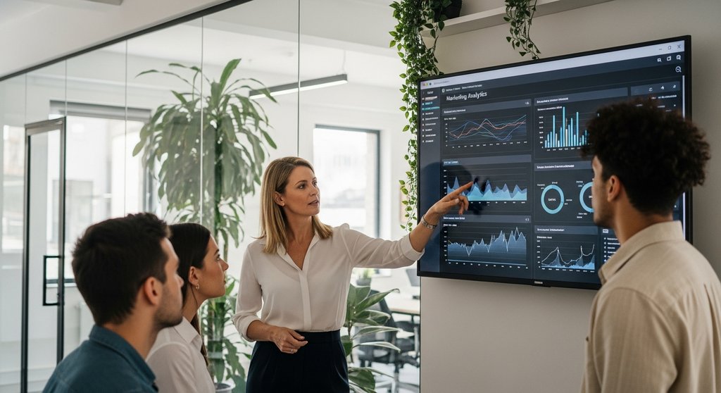 Marketing-Team analysiert ein zentrales Reporting-Dashboard für Inhouse Marketing.