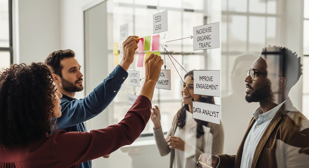 Marketing-Team plant seine neue Struktur und Verantwortlichkeiten an einem Whiteboard.