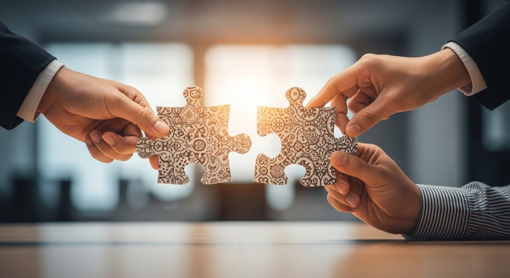 Zwei Hände fügen Puzzleteile zusammen als Symbol für die abteilungsübergreifende Zusammenarbeit im Marketing.