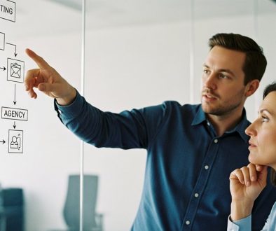 Zwei Marketing-Experten diskutieren eine Inhouse-Marketing-Strategie vor einem Flowchart.