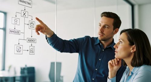 Zwei Marketing-Experten diskutieren eine Inhouse-Marketing-Strategie vor einem Flowchart.